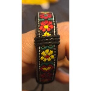 Boho Embroidered Floral Leather Wrap Bracelet Black Red Yellow Adjustable Knot